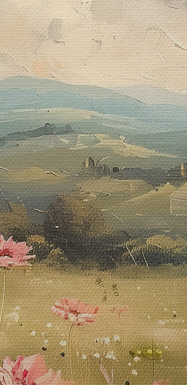 Schilderij van een veld met roze bloemen Schilderij van een veld met roze bloemen