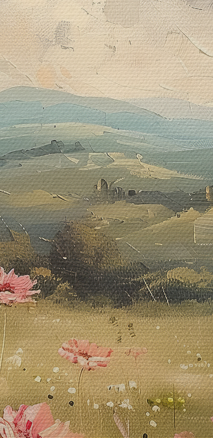 Schilderij van een veld met roze bloemen
