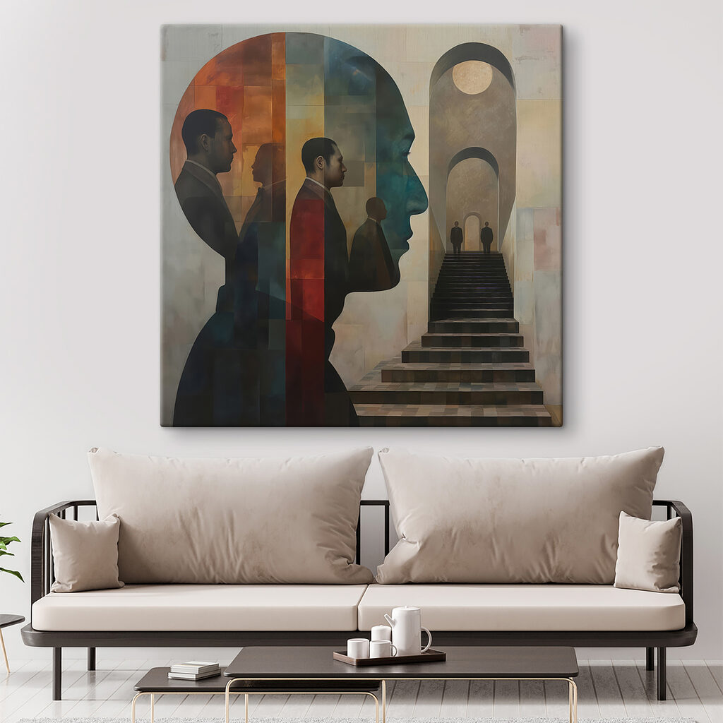 Painting of a man's face and a staircase