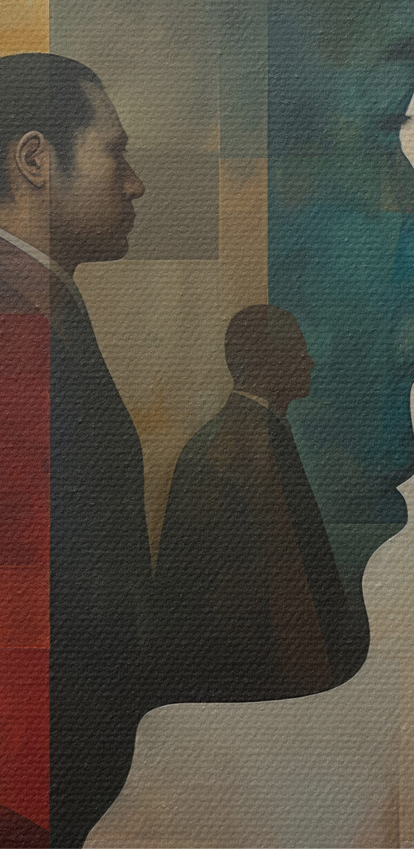 Schilderij van een man’s gezicht en een trap Schilderij van een man’s gezicht en een trap