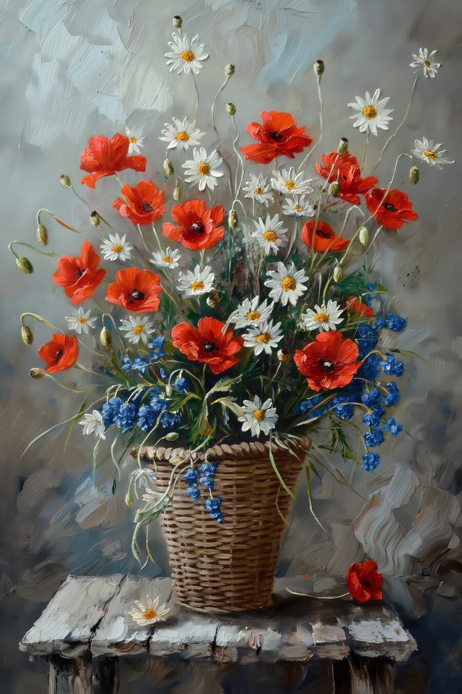 Schilderij van bloemen in een mand