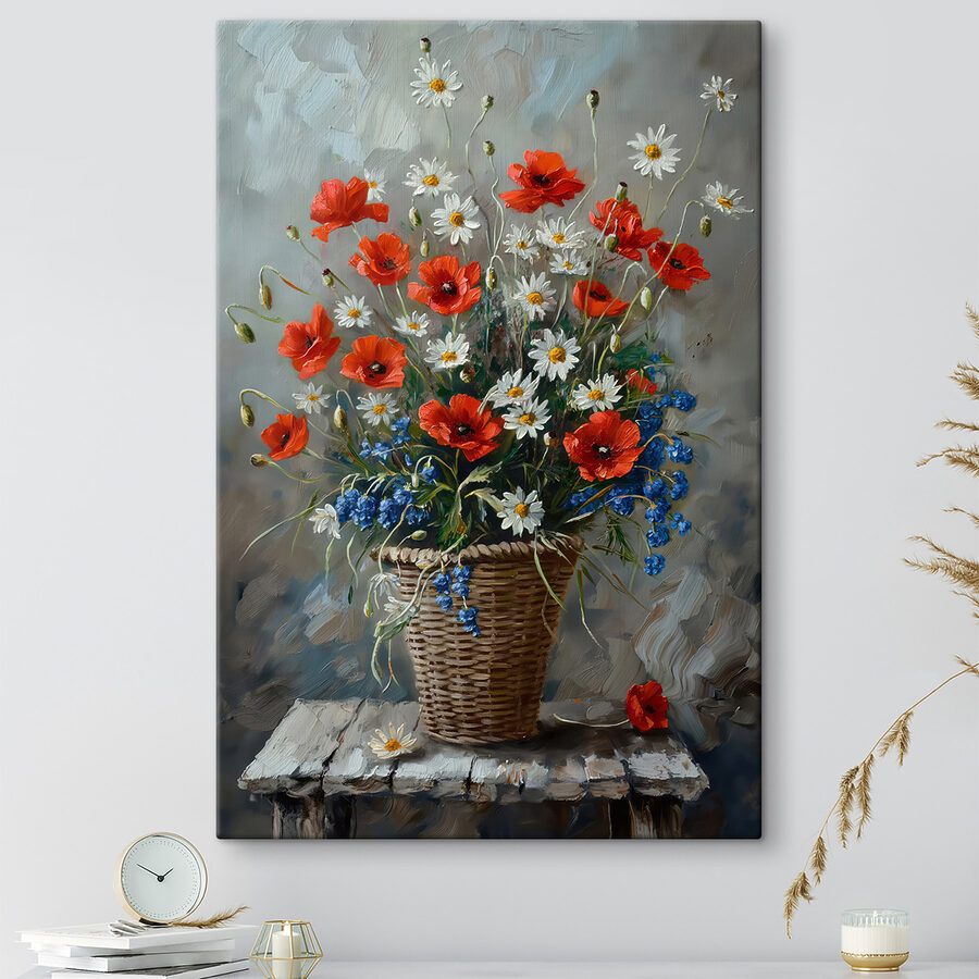Schilderij van bloemen in een mand