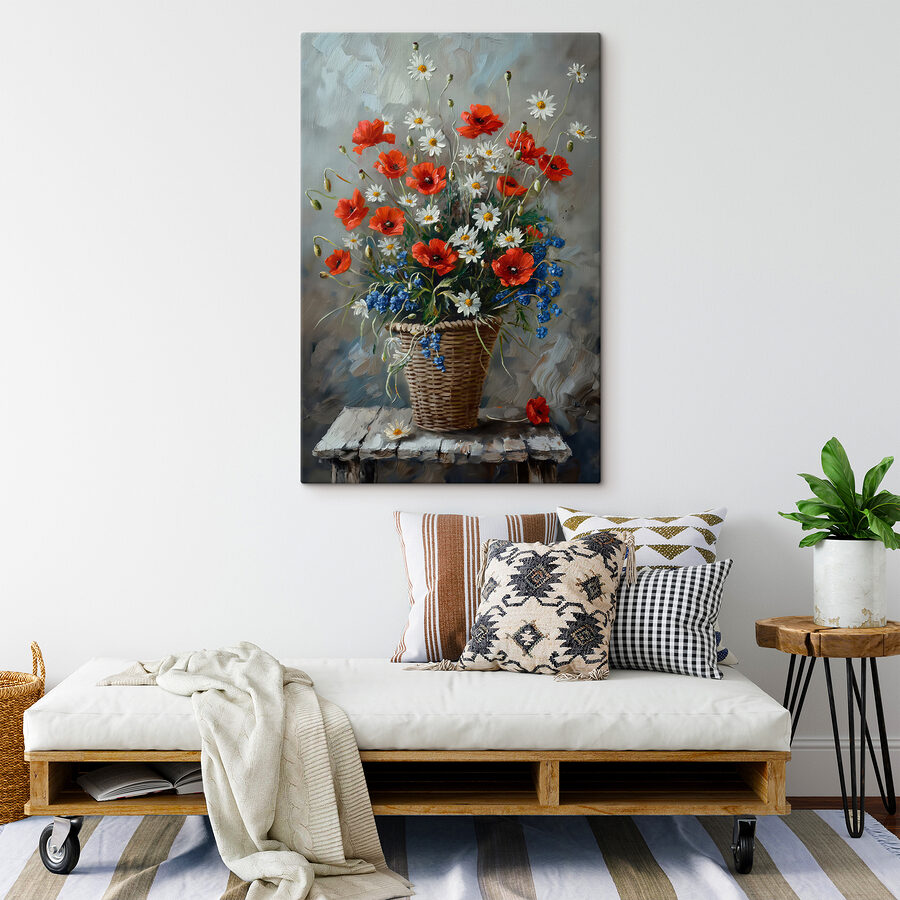 Schilderij van bloemen in een mand
