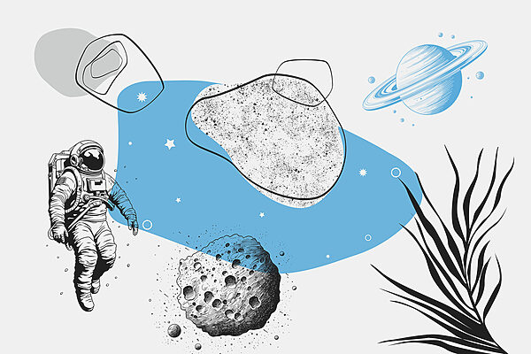 Tekening van een astronaut die door de ruimte rent Tekening van een astronaut die door de ruimte rent