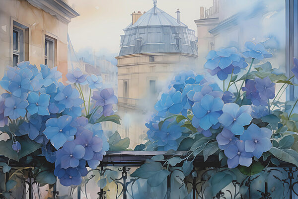 Schilderij van blauwe bloemen op een balkon Schilderij van blauwe bloemen op een balkon