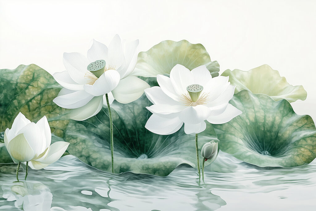 Groep witte bloemen en groene bladeren in water Groep witte bloemen en groene bladeren in water