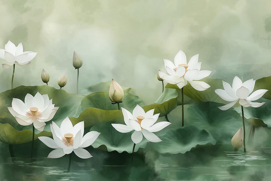 Groep witte bloemen en groene bladeren