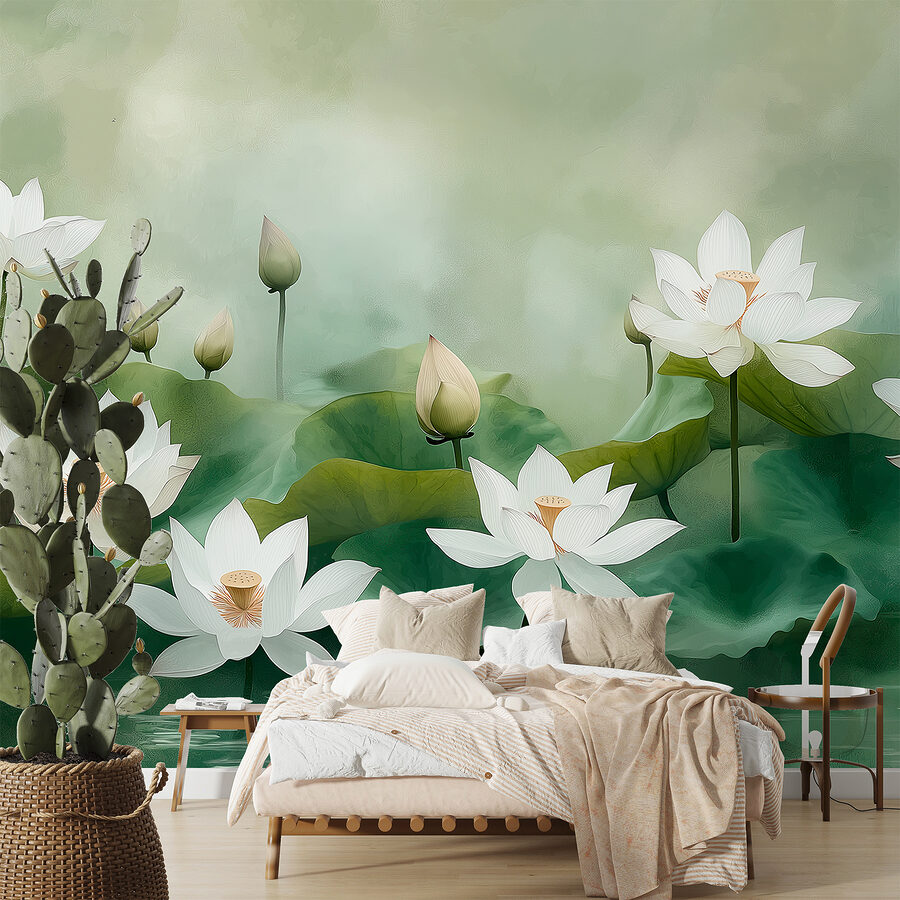 Groep witte bloemen en groene bladeren