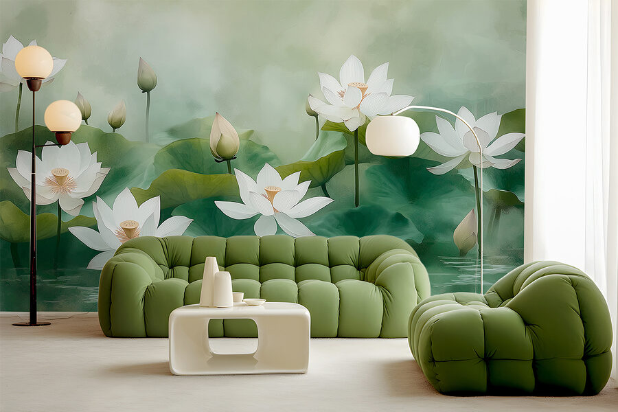 Groep witte bloemen en groene bladeren