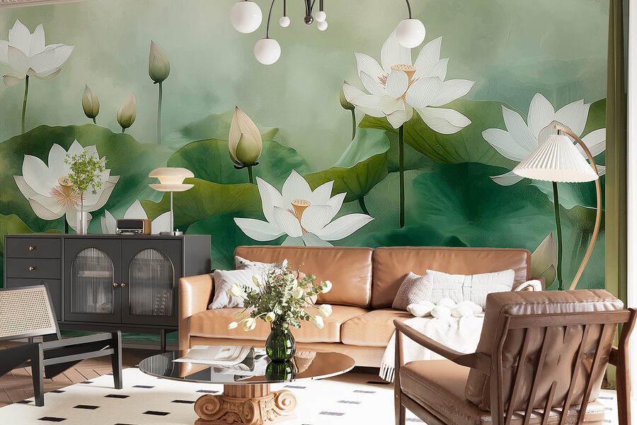 Groep witte bloemen en groene bladeren
