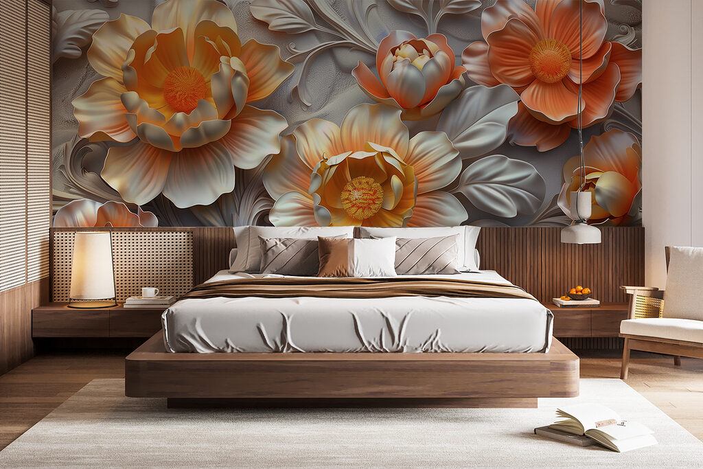 Wallpaper with flowers and leaves