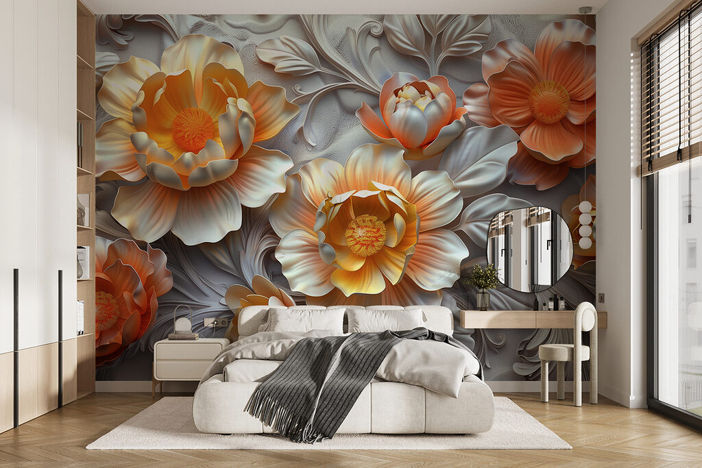 Wallpaper with flowers and leaves