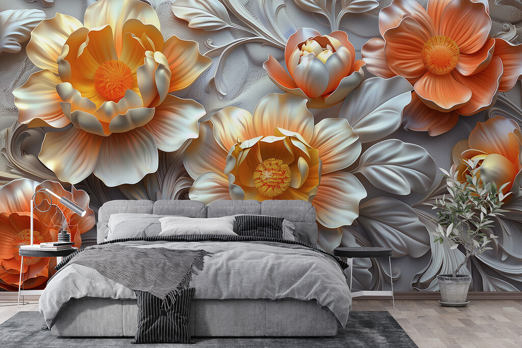 Wallpaper with flowers and leaves
