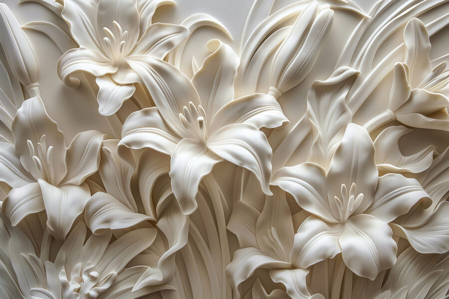 Witte bloem sculptuur op een muur