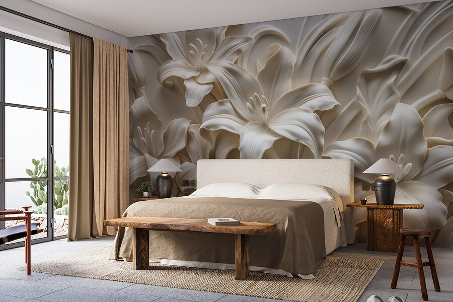 Witte bloem sculptuur op een muur