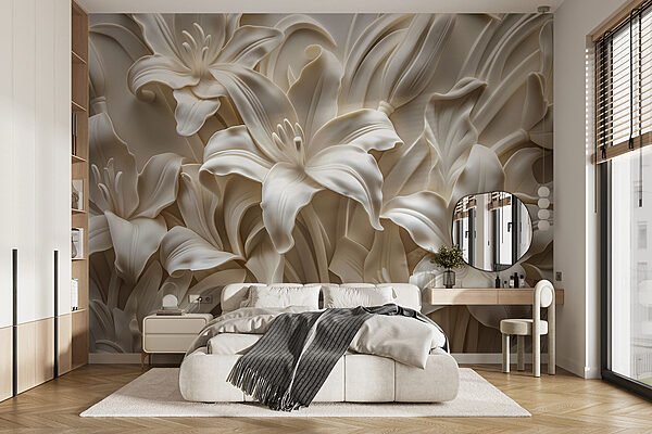 Witte bloem sculptuur op een muur Witte bloem sculptuur op een muur