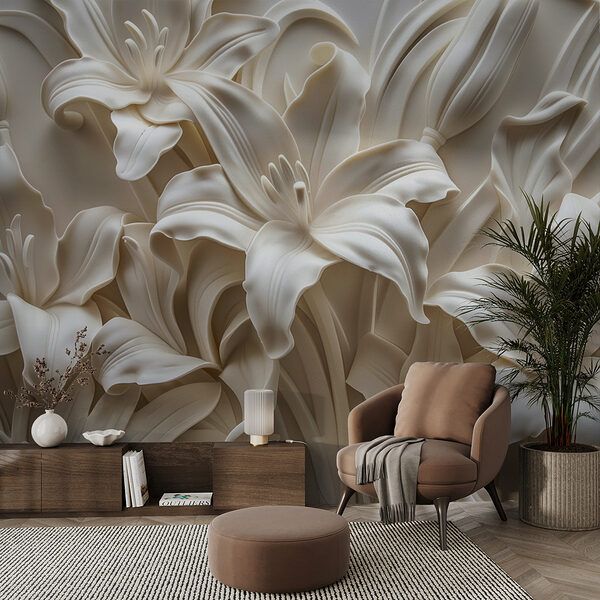Witte bloem sculptuur op een muur Witte bloem sculptuur op een muur