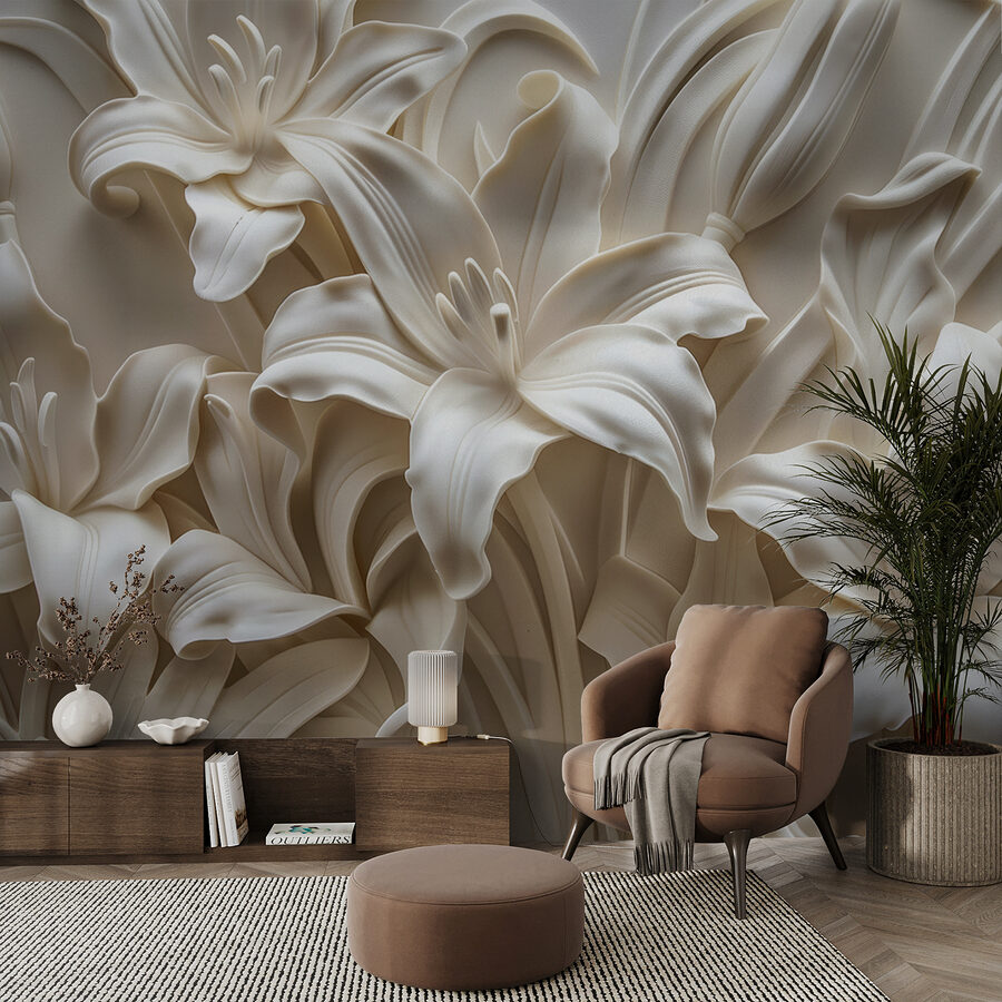 Witte bloem sculptuur op een muur