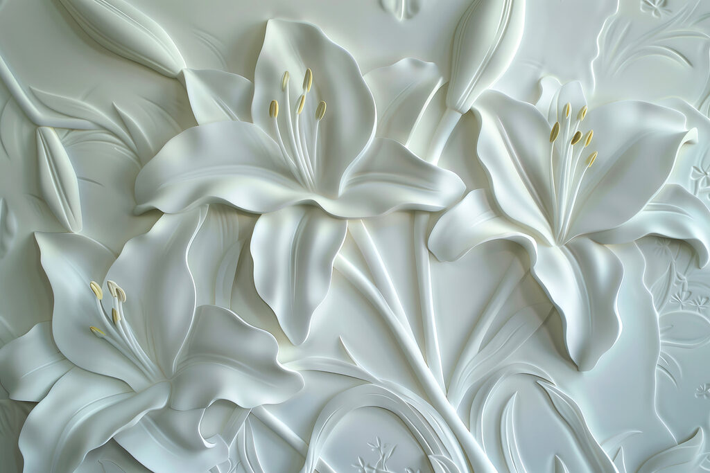 Snijwerk van witte bloemen op een muur Snijwerk van witte bloemen op een muur