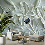 Fotobehang Snijwerk van witte bloemen op een muur