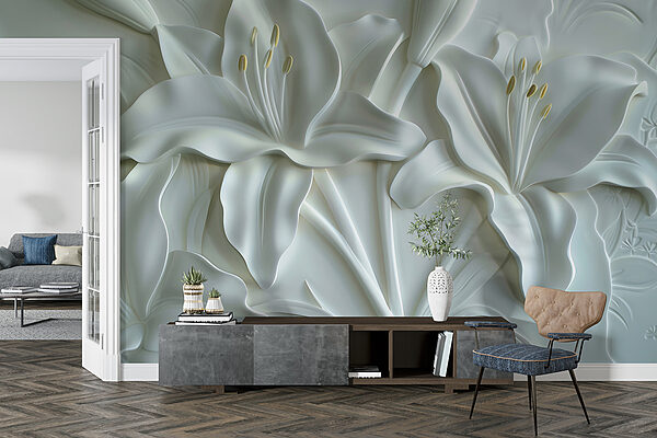 Snijwerk van witte bloemen op een muur Snijwerk van witte bloemen op een muur