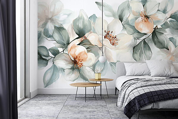 Schilderij van bloemen en bladeren Schilderij van bloemen en bladeren