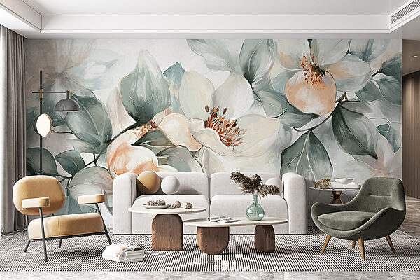 Schilderij van bloemen en bladeren Schilderij van bloemen en bladeren