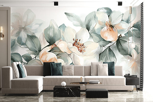 Schilderij van bloemen en bladeren Schilderij van bloemen en bladeren