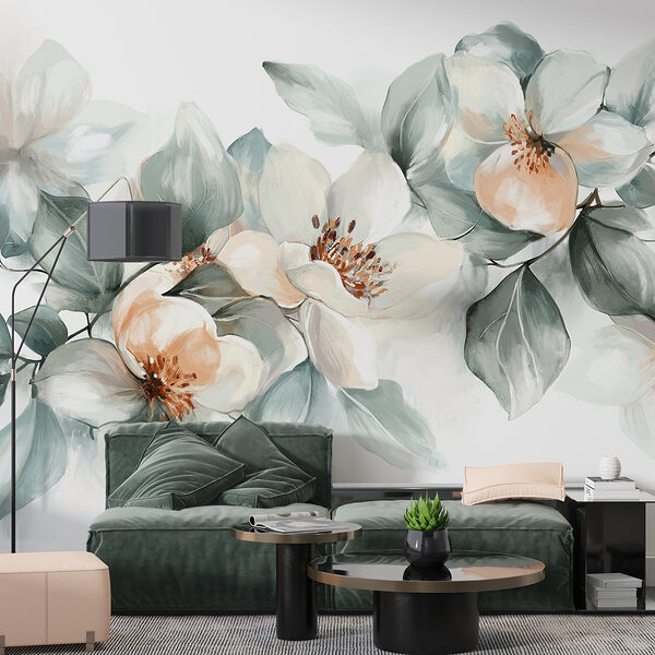 Schilderij van bloemen en bladeren Schilderij van bloemen en bladeren
