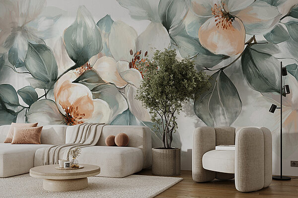 Schilderij van bloemen en bladeren Schilderij van bloemen en bladeren