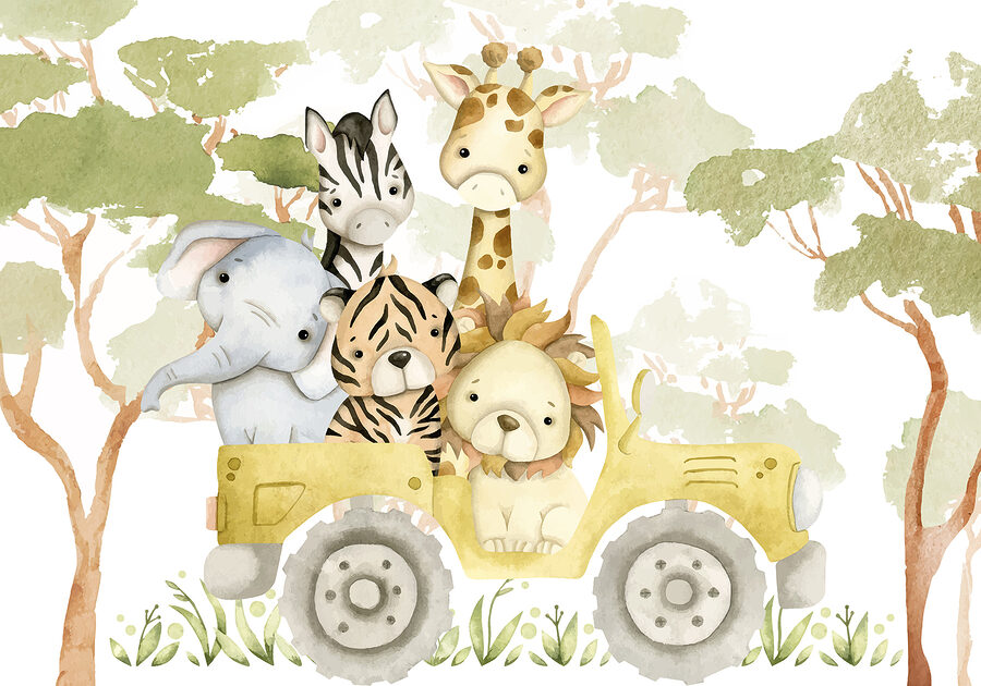Groep dieren in een gele vrachtwagen