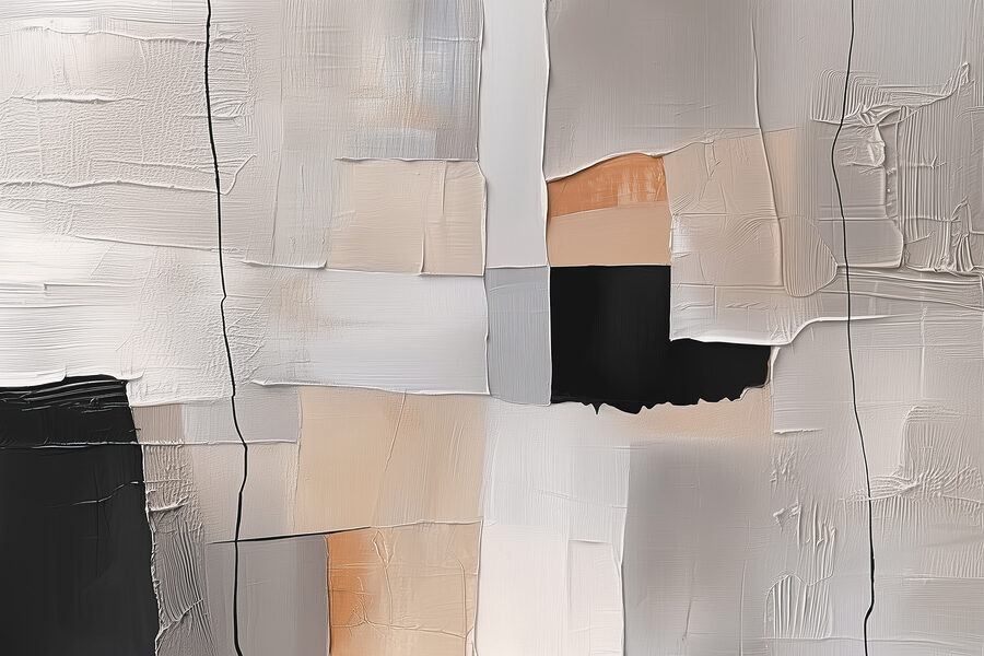 Schilderij van een witte muur met zwarte vierkanten en een zwart vierkant