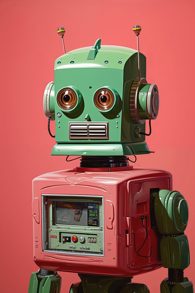 Green and pink robot with large eyes