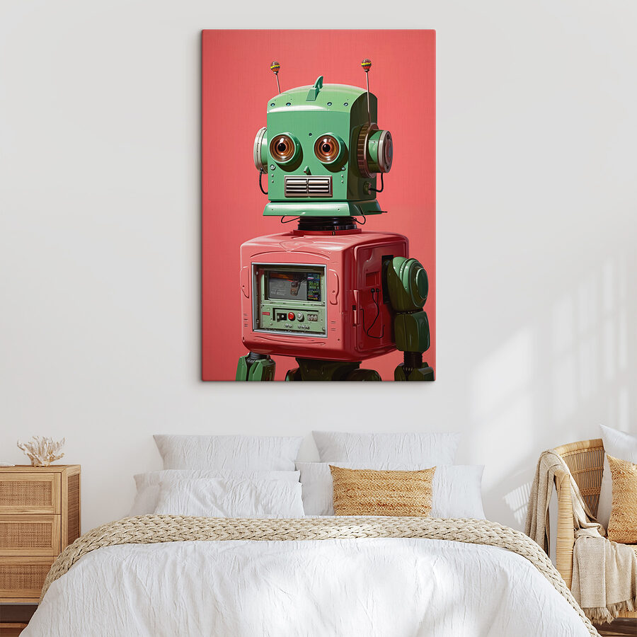 Groen en roze robot met grote ogen
