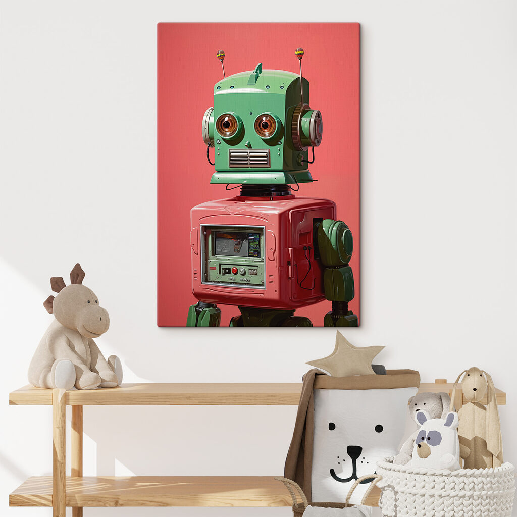 Green and pink robot with large eyes