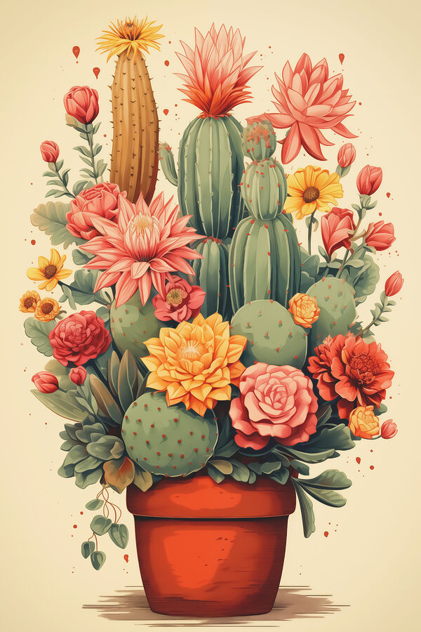 Cactus en bloemen in een pot Cactus en bloemen in een pot