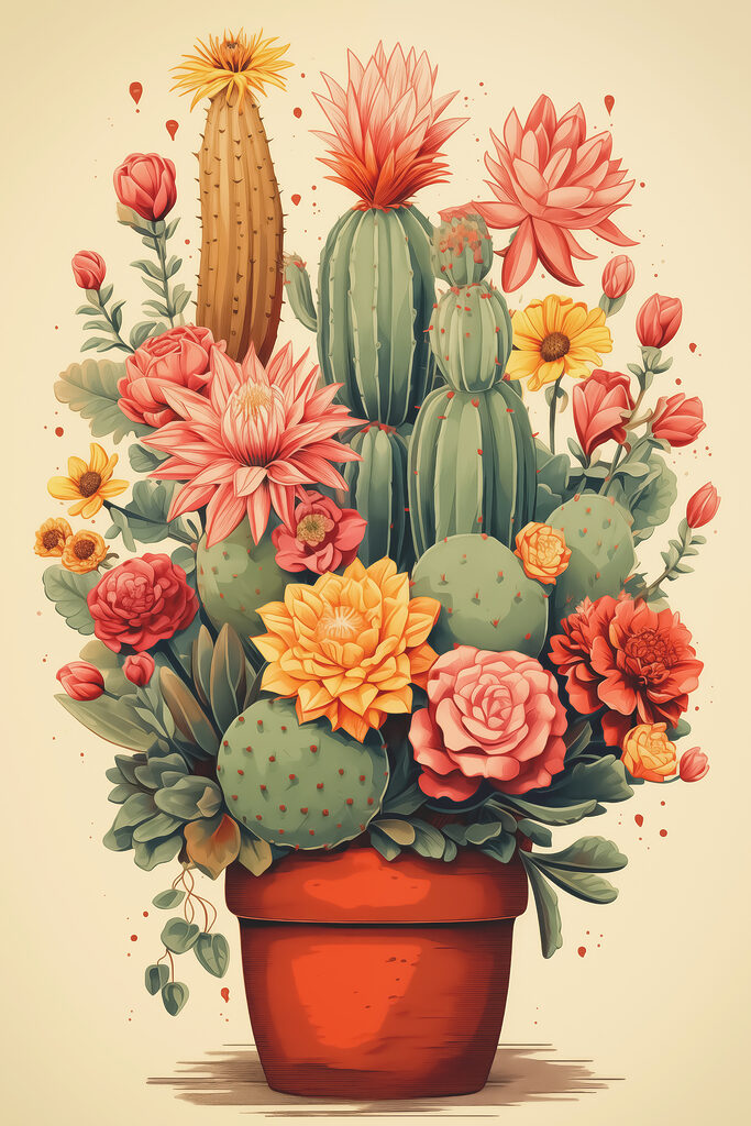 Cactus and flowers in a pot