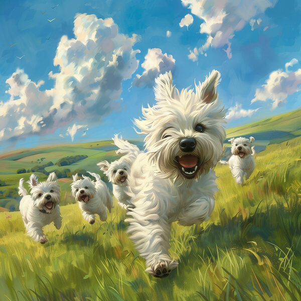 Groep witte honden in een veld Groep witte honden in een veld