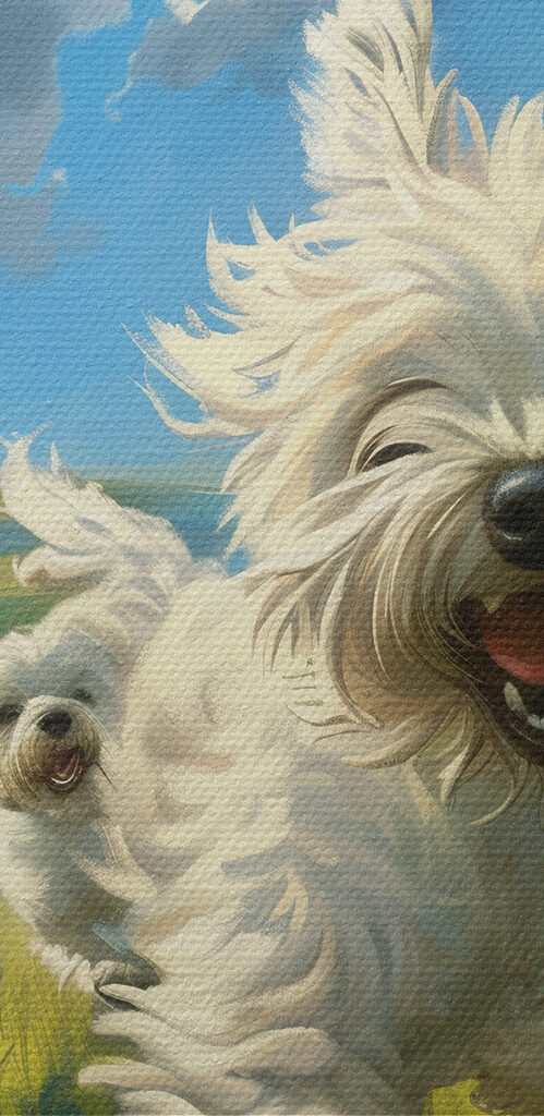 Group of white dogs running in a field