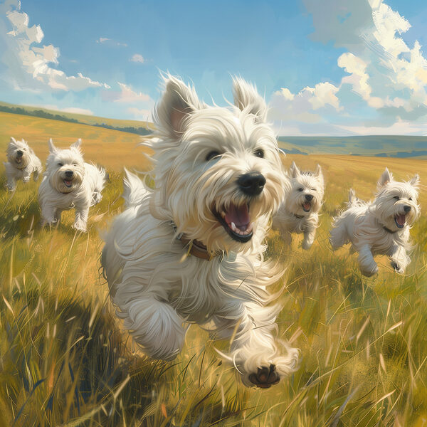 Groep witte honden in een veld Groep witte honden in een veld
