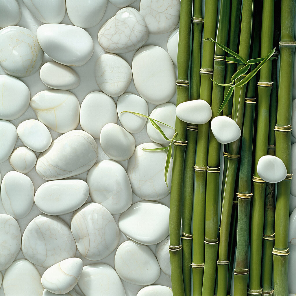 Group of green bamboo stems and white rocks