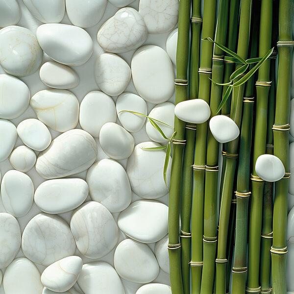 Groep groene bamboestengels en witte rotsen Groep groene bamboestengels en witte rotsen