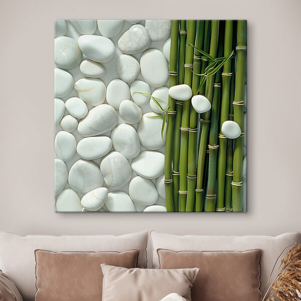 Groep groene bamboestengels en witte rotsen Groep groene bamboestengels en witte rotsen