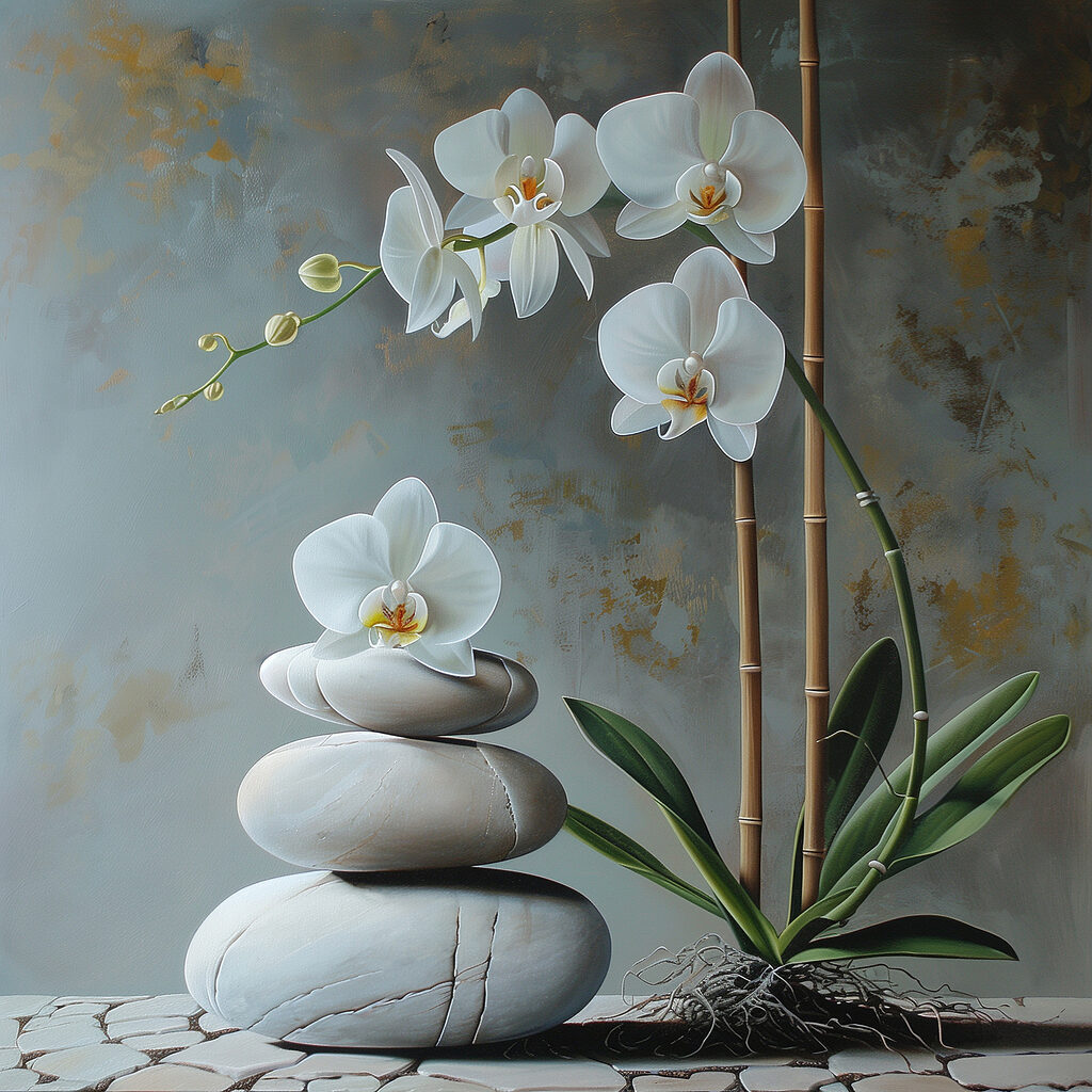 Painting of a plant and a stack of rocks