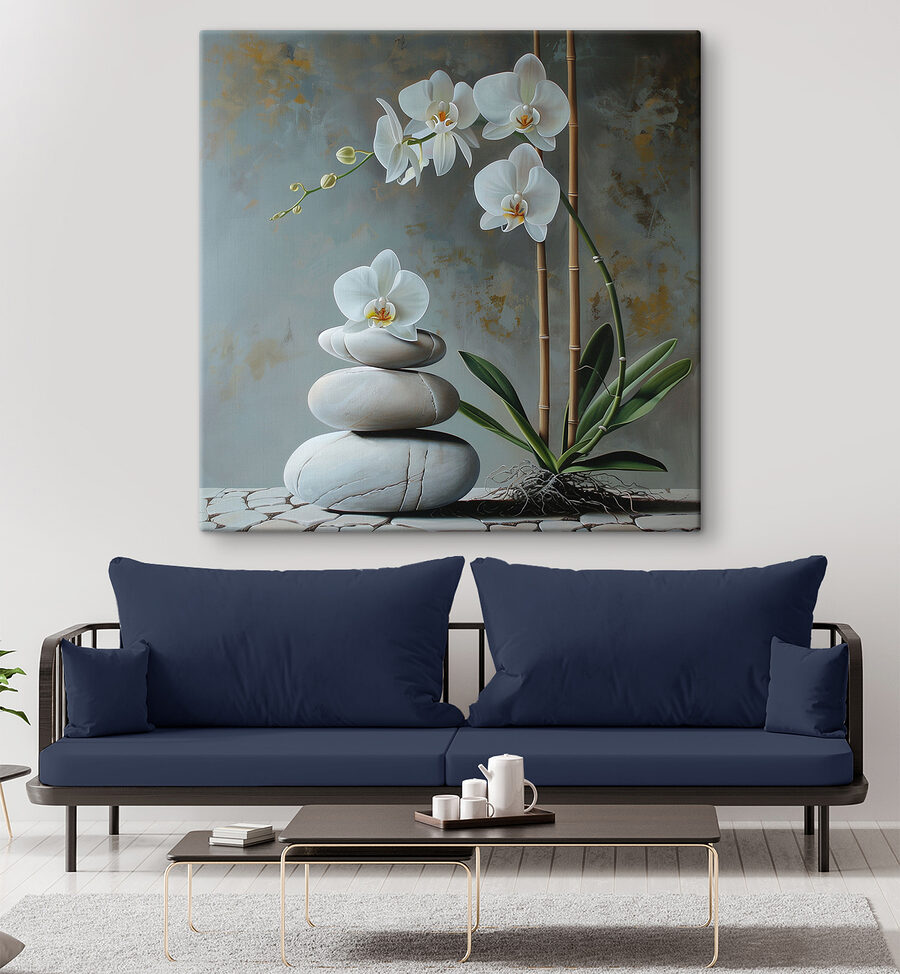 Schilderij van een plant en een stapel rotsen