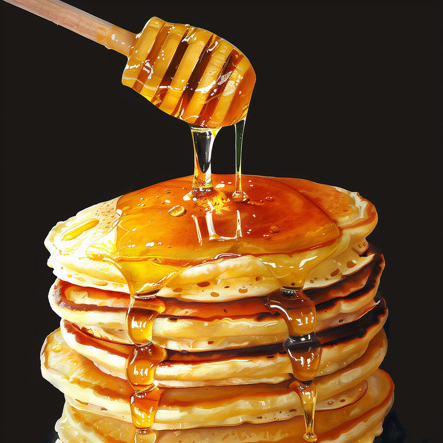 Stapel pannenkoeken met honing druipend van een houten stokje Stapel pannenkoeken met honing druipend van een houten stokje