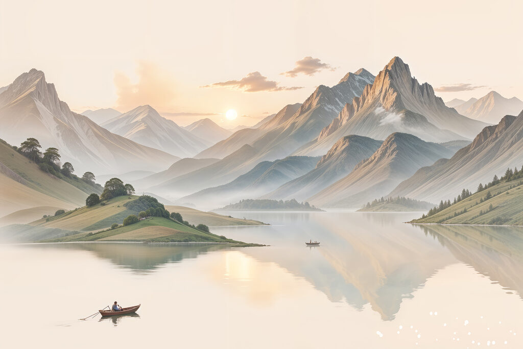 Lake with mountains and a boat Lake with mountains and a boat