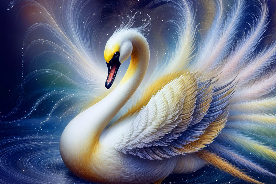 Witte zwaan met gele en blauwe veren