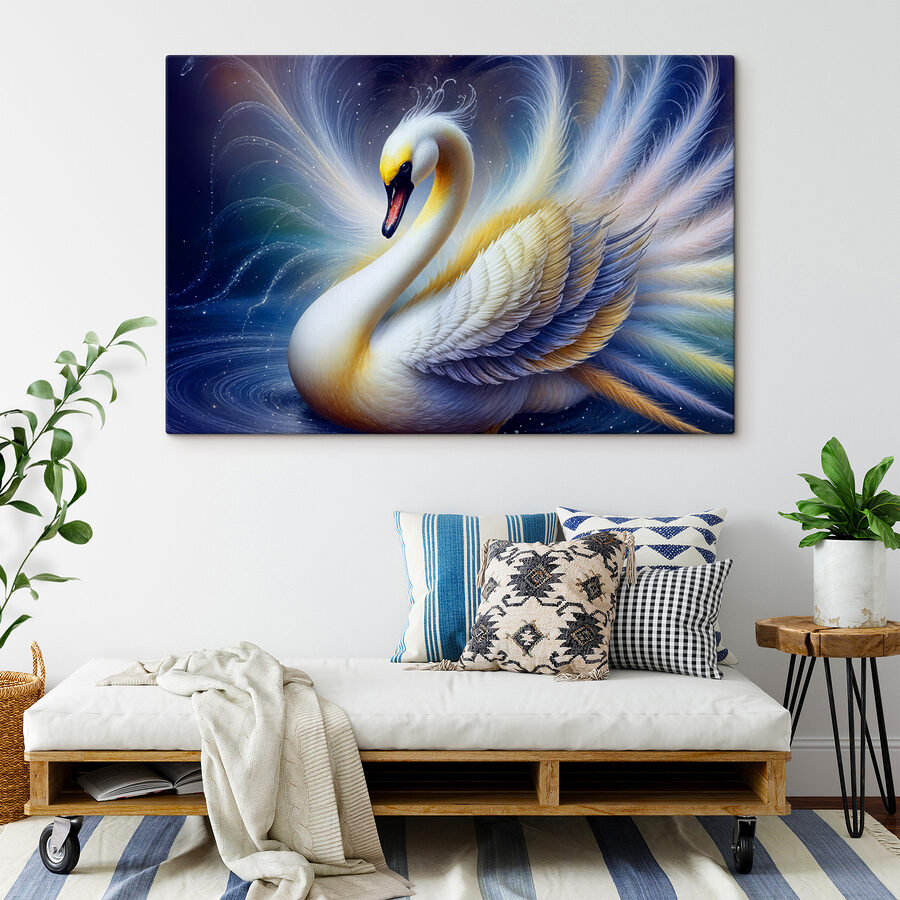 Witte zwaan met gele en blauwe veren
