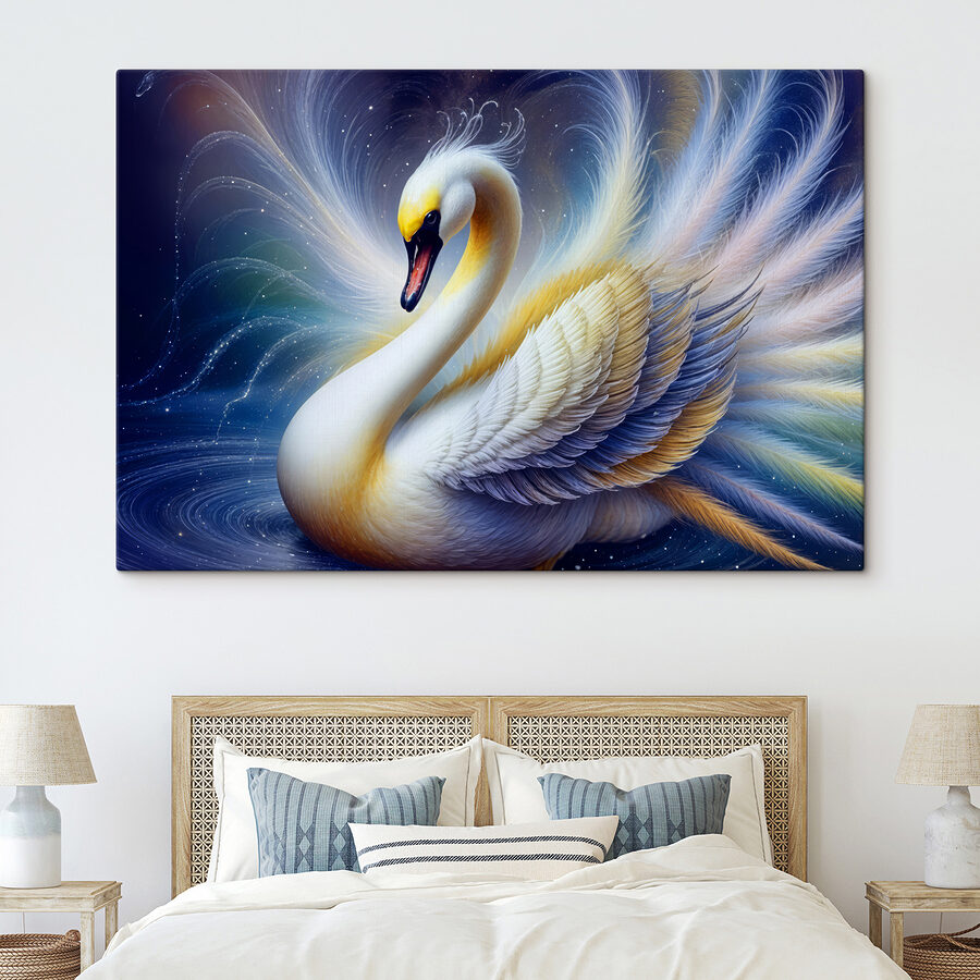 Witte zwaan met gele en blauwe veren